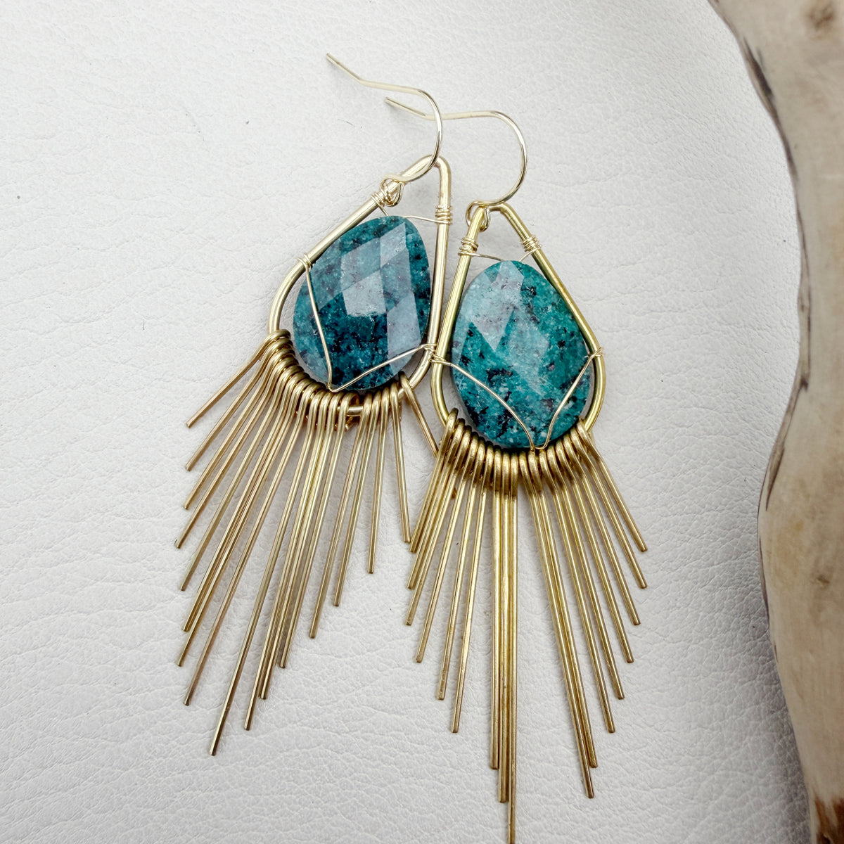Handmade brass sunburst earrings with natural gemstone teardrops, lightweight boho statement earrings available in aquamarine, angelite, black onyx, jade, jasper and quartz.