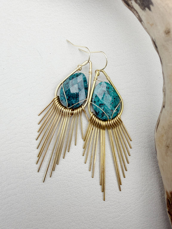 Handmade brass sunburst earrings with natural gemstone teardrops, lightweight boho statement earrings available in aquamarine, angelite, black onyx, jade, jasper and quartz.