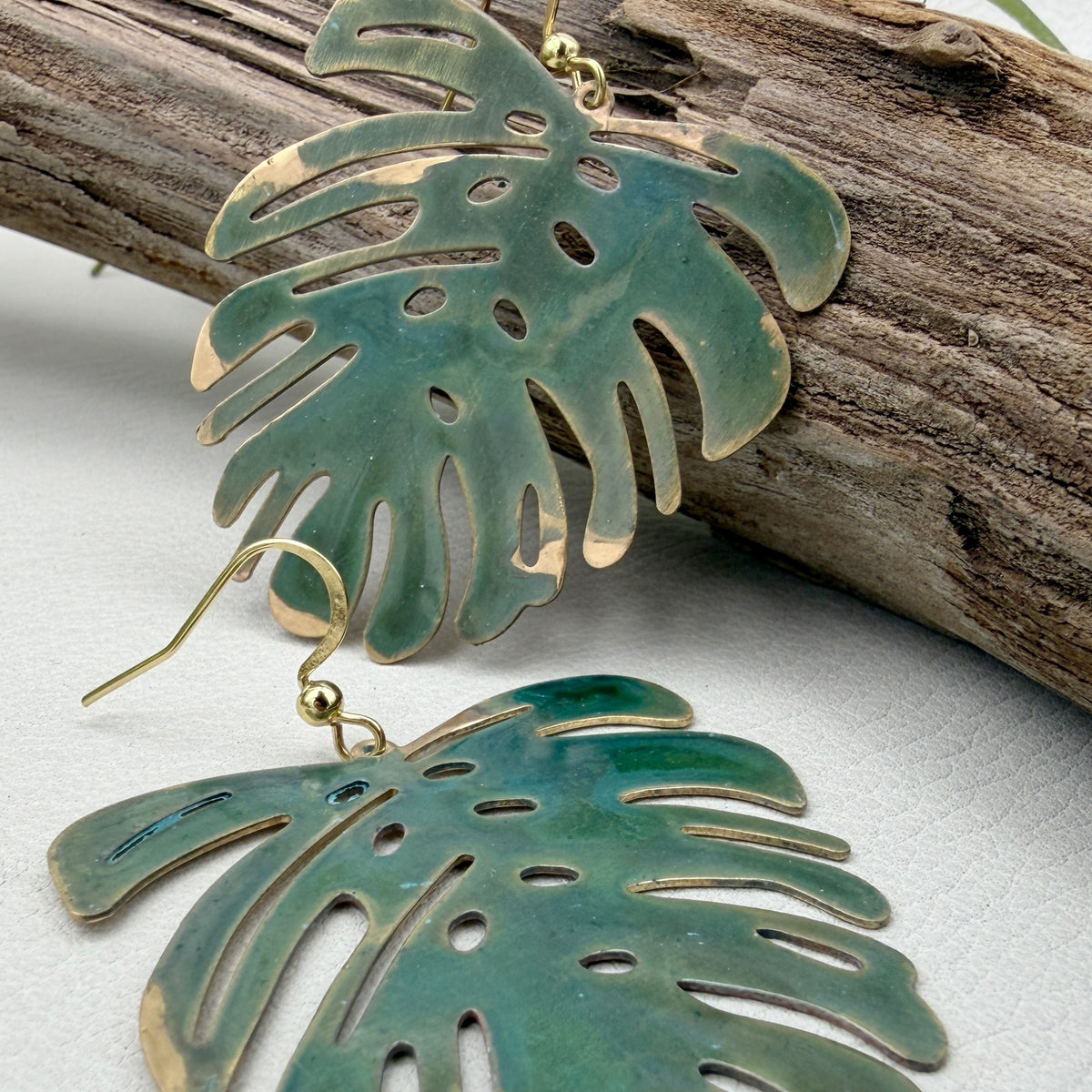 Verde Patina Monstera Earrings