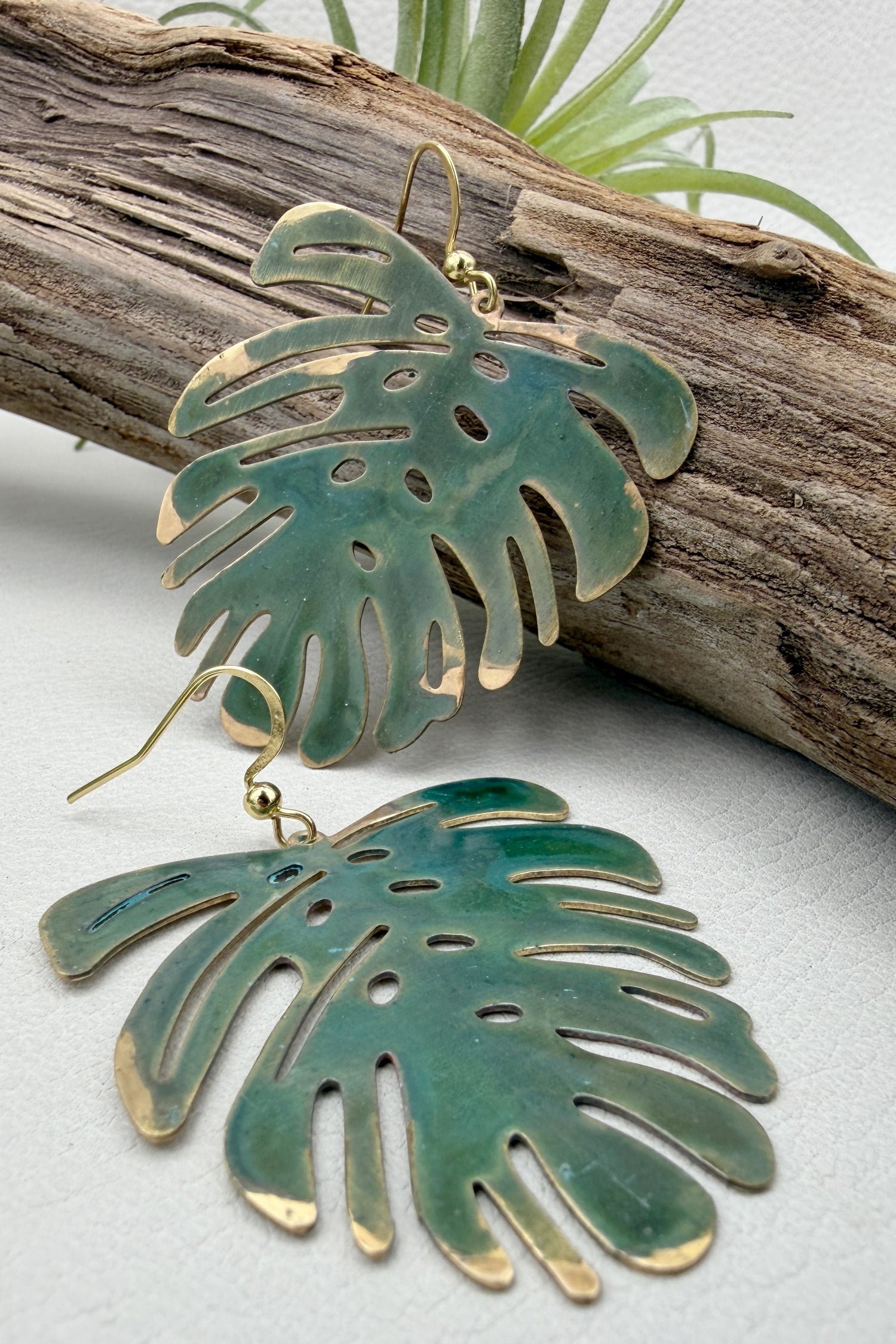 Verde Patina Monstera Earrings