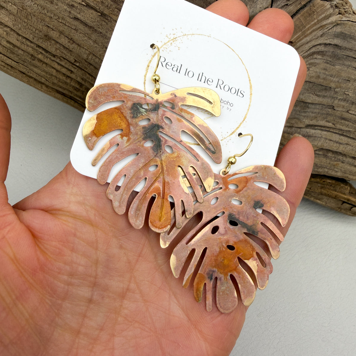 Fall Monstera Patina Earrings