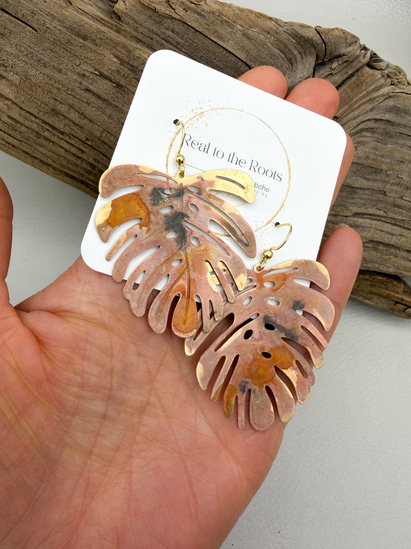 Fall Monstera Patina Earrings