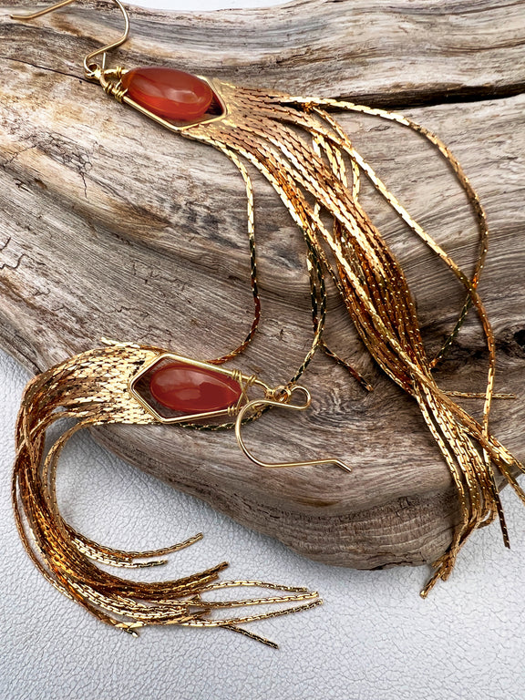 Long gemstone fringe earrings with gold or silver tassels, featuring moonstone, labradorite, lapis lazuli, hydro quartz, or rose quartz. Lightweight and shimmering.