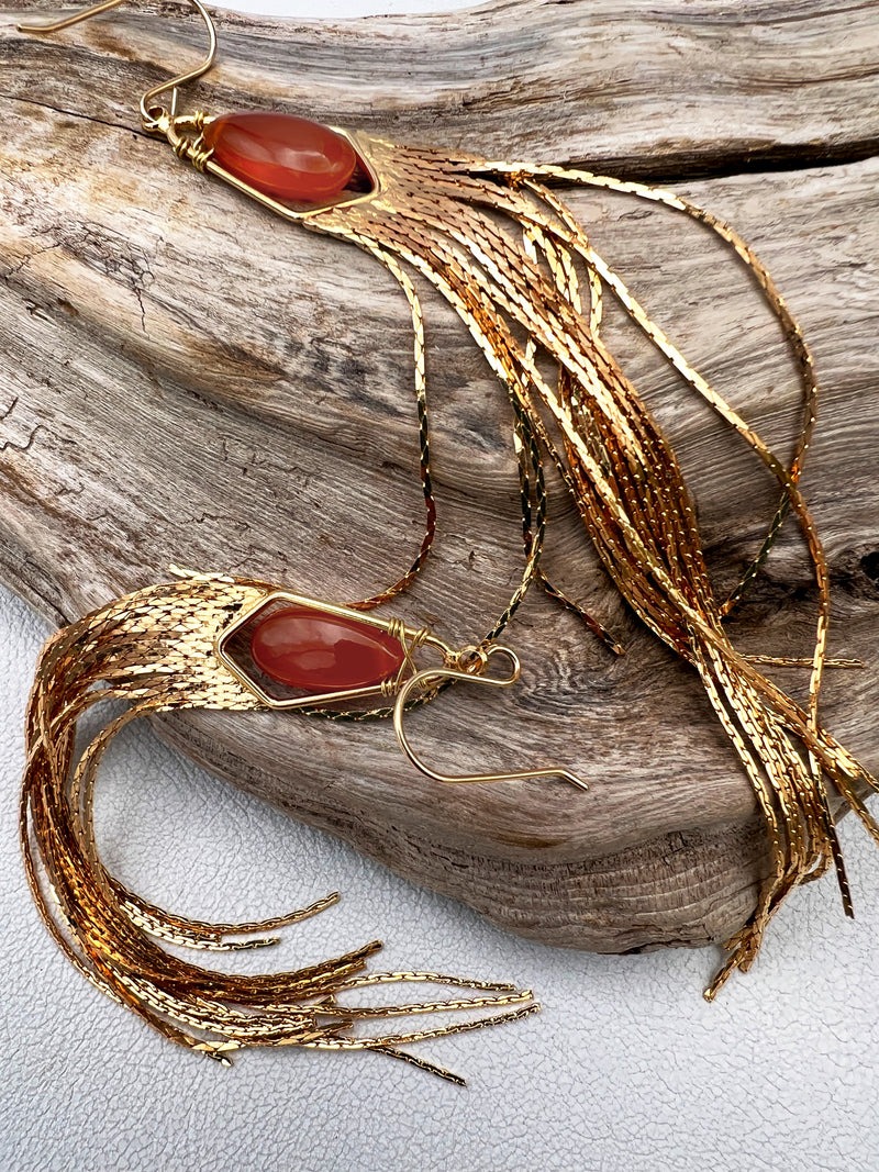 Long gemstone fringe earrings with gold or silver tassels, featuring moonstone, labradorite, lapis lazuli, hydro quartz, or rose quartz. Lightweight and shimmering.