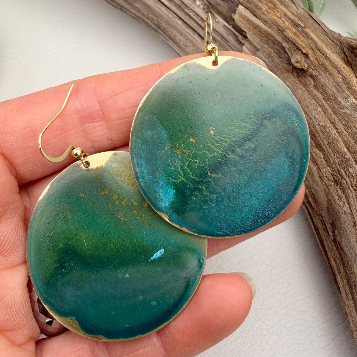 Emerald Coin Patina Earrings