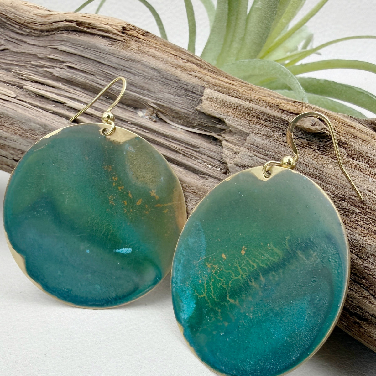 Emerald Coin Patina Earrings