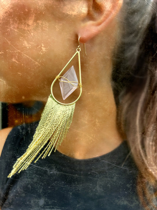 gold Fringe earrings  on a woman with wired rose quartz and gold tassels. Statement design with 14k gold-filled ear wires, lightweight yet bold.
