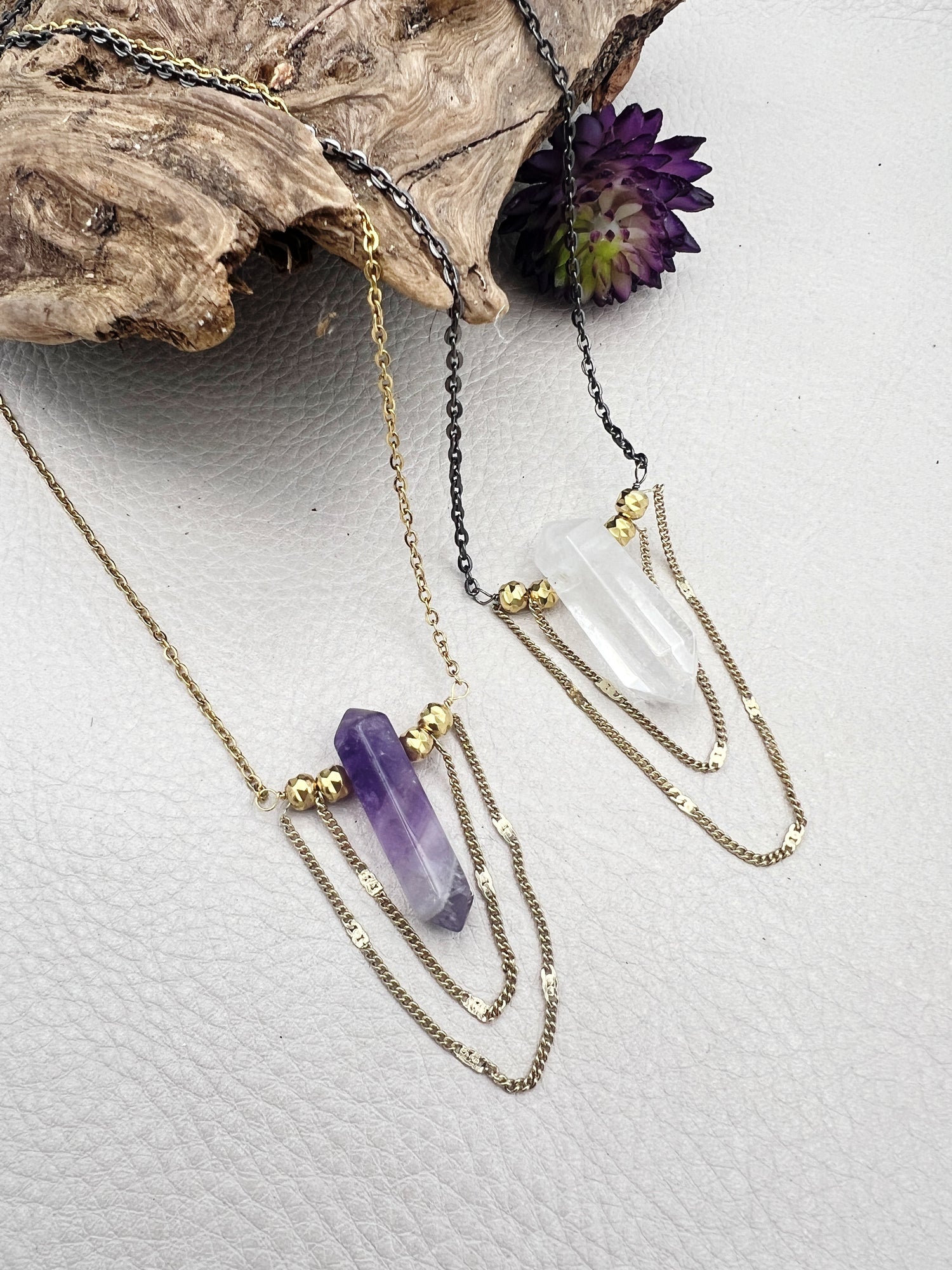 Statement gemstone necklace with amethyst or quartz, brass bead details, and gold or black stainless steel chain. Waterproof and tarnish-resistant.