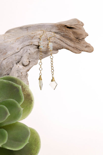 Gold chain earrings with lemon quartz shards, sunshine-hued bridal jewelry

