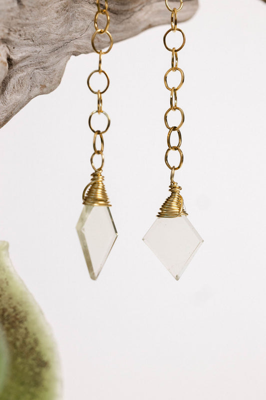 Gold chain earrings with lemon quartz shards, sunshine-hued bridal jewelry

