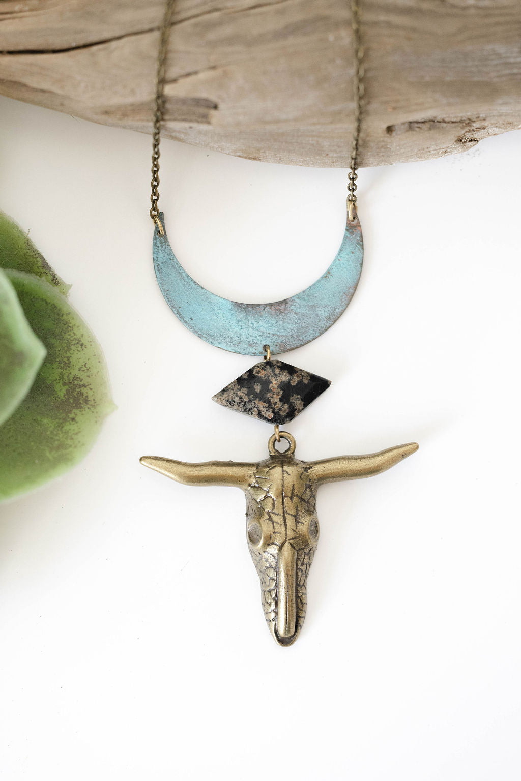 Moonstruck Range Rider | Patina Crescent & Longhorn Skull Necklace