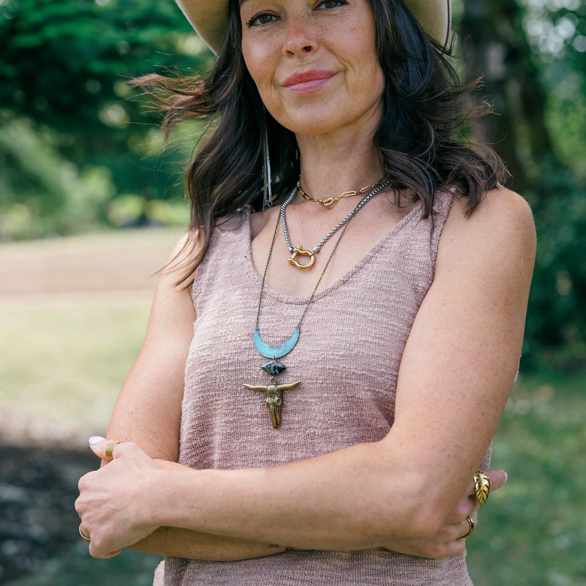 Moonstruck Range Rider | Patina Crescent & Longhorn Skull Necklace