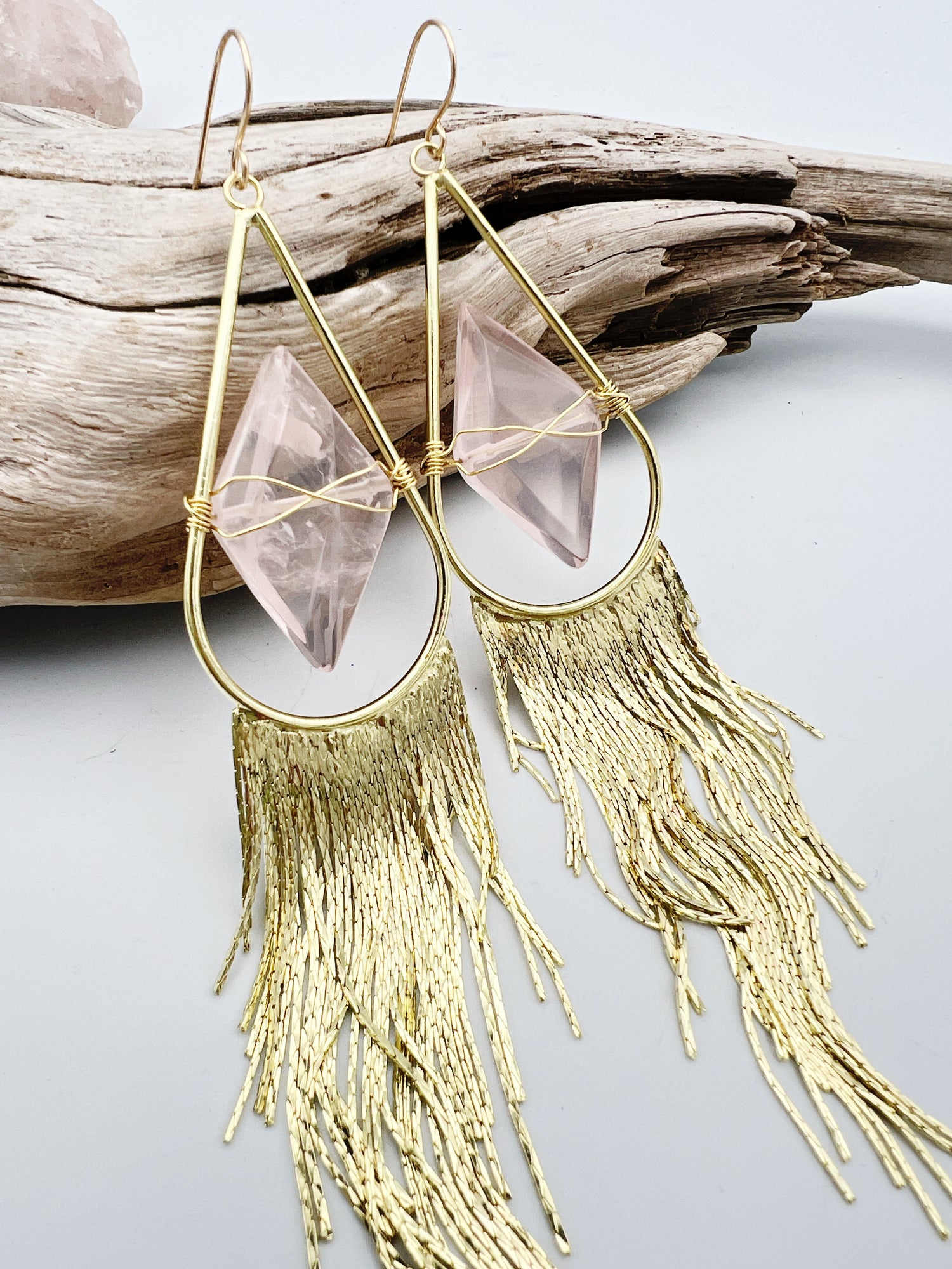 Fringe earrings with wired rose quartz and gold 
tassels. Statement design with 14k gold-filled ear wires, lightweight yet bold.