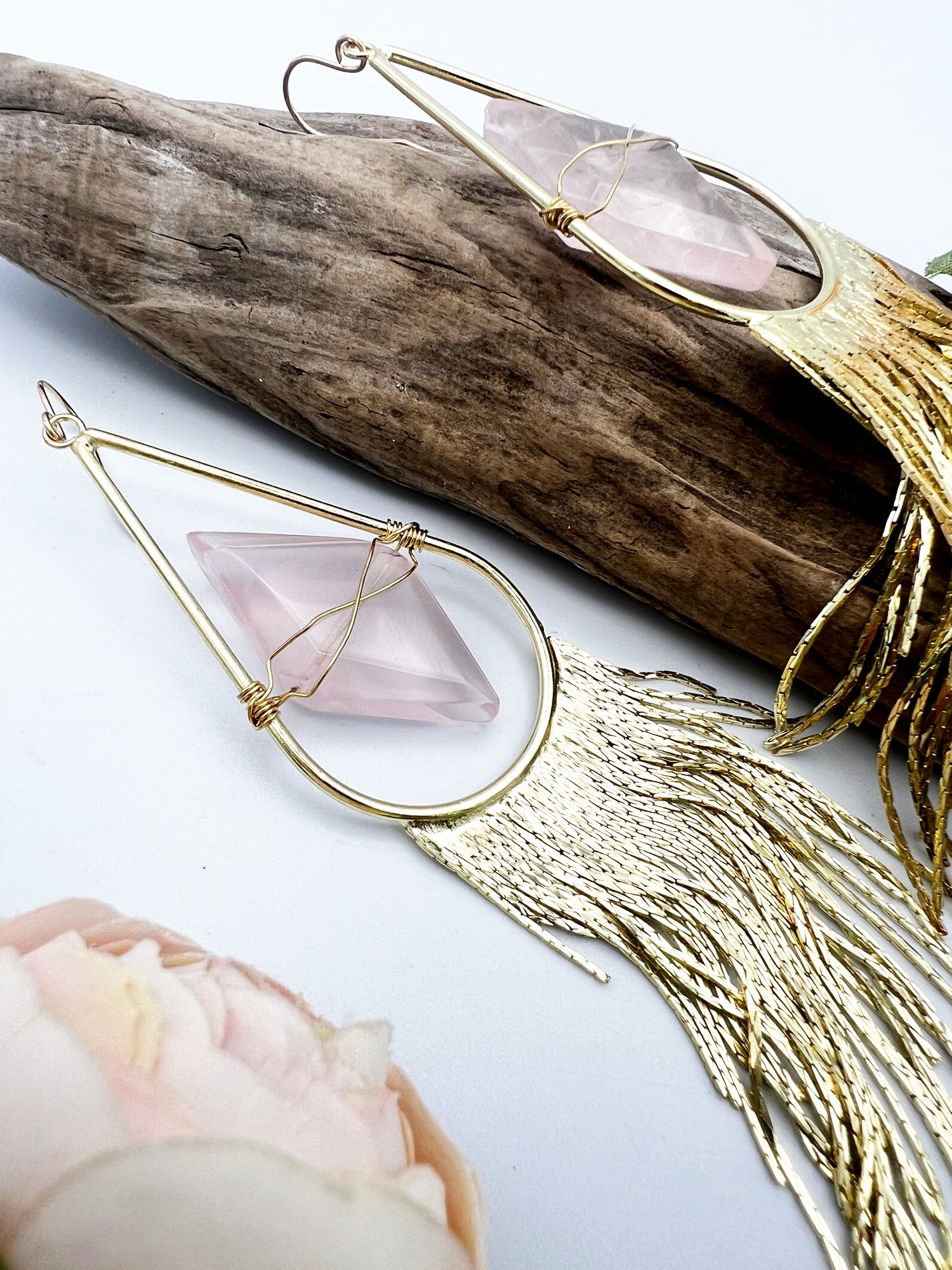 Fringe earrings with wired rose quartz and gold or silver tassels. Statement design with 14k gold-filled ear wires, lightweight yet bold.