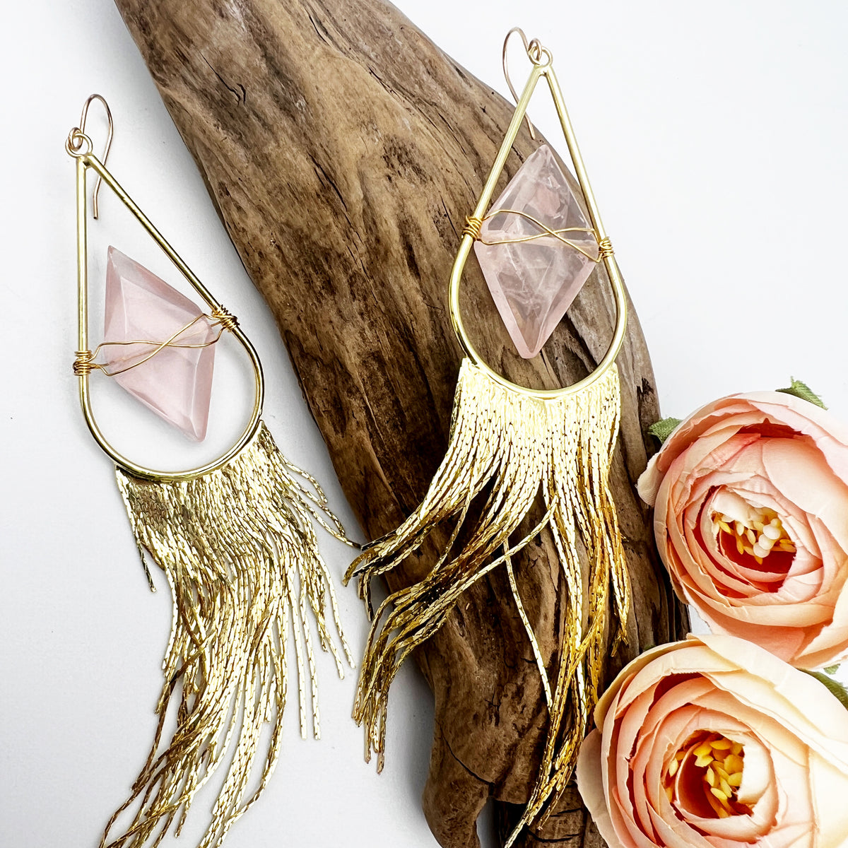Fringe earrings with wired rose quartz and gold or silver tassels. Statement design with 14k gold-filled ear wires, lightweight yet bold.