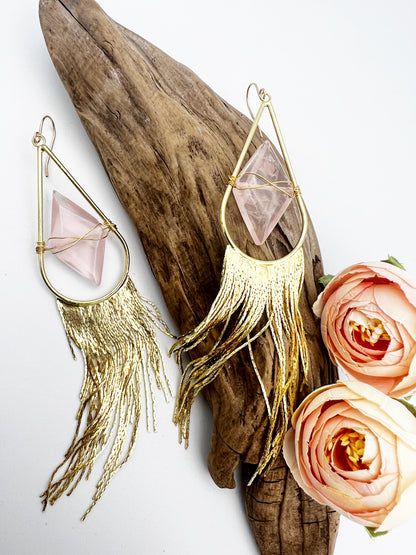 Fringe earrings with wired rose quartz and gold or silver tassels. Statement design with 14k gold-filled ear wires, lightweight yet bold.