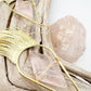 Fringe earrings with wired rose quartz and gold tassels. Statement design with 14k gold-filled ear wires, lightweight yet bold.