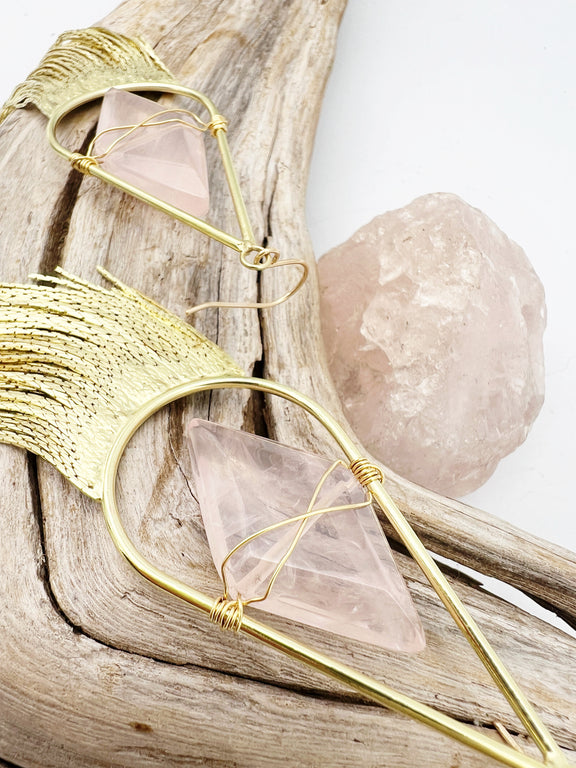 Fringe earrings with wired rose quartz and gold tassels. Statement design with 14k gold-filled ear wires, lightweight yet bold.