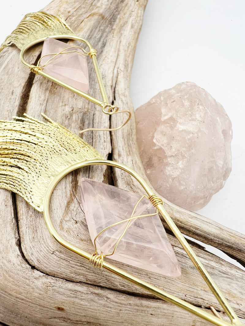 Fringe earrings with wired rose quartz and gold tassels. Statement design with 14k gold-filled ear wires, lightweight yet bold.