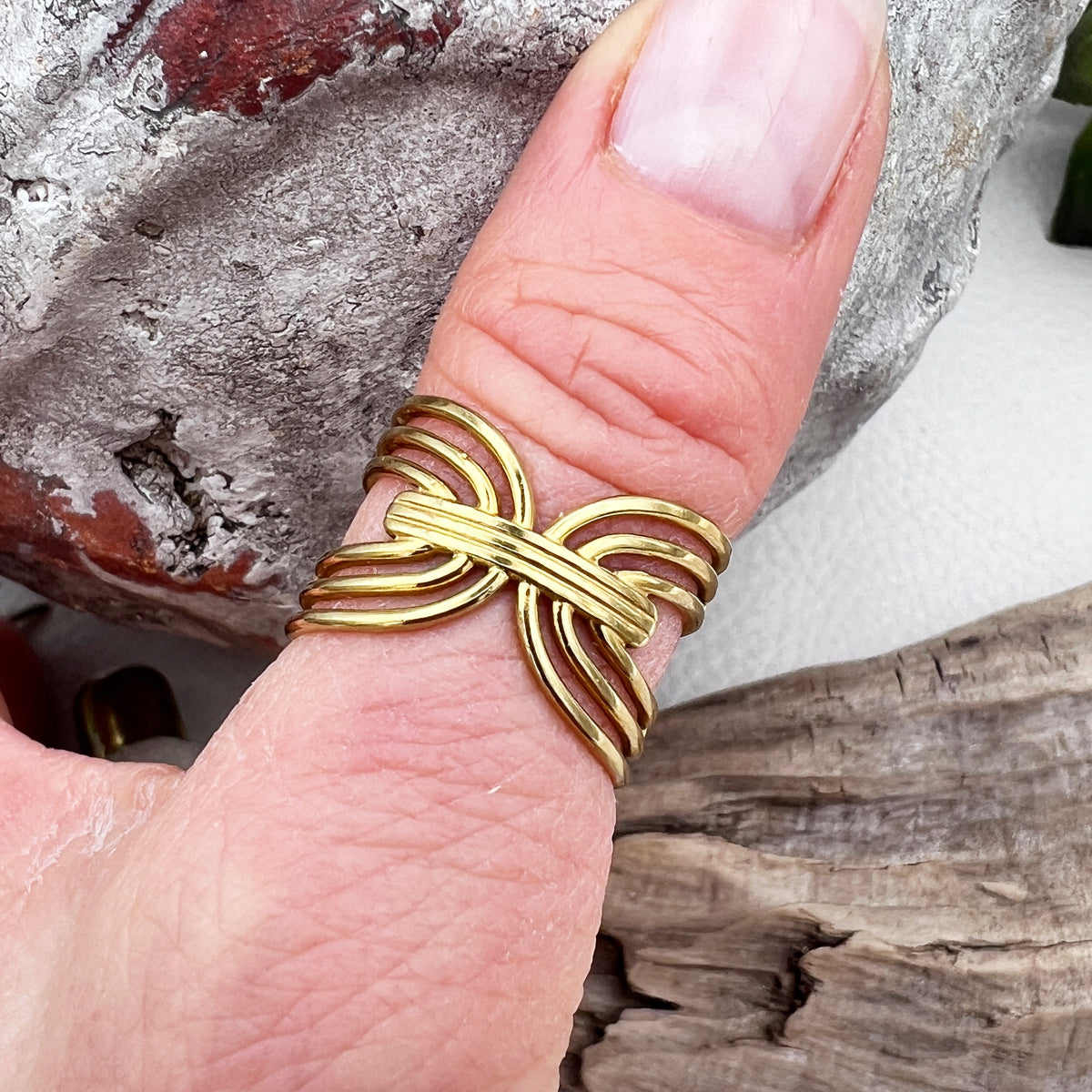 stainless steel ring in gold on a thumb