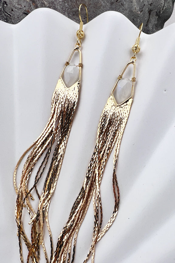 Long gemstone fringe earrings with gold or silver tassels, featuring moonstone. Lightweight and shimmering.