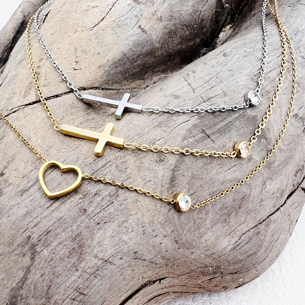 heart or cross dainty stainless steel necklace in gold or silver with cz diamond