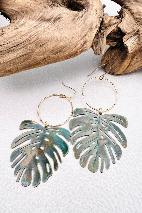 monstera earrings Bahama Mama – Blue Patina Monstera Leaf Earrings