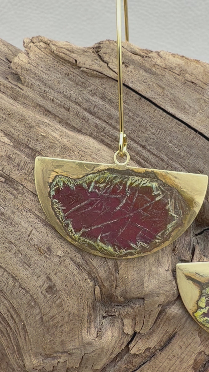 Burgundy Rust Patina Half Moon Abstract Earrings