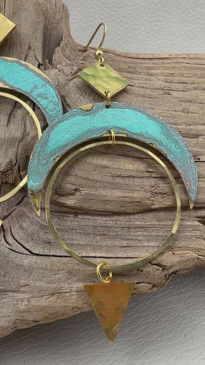 Lunar Orbit Earrings | Patina Crescent Moon Hoops
