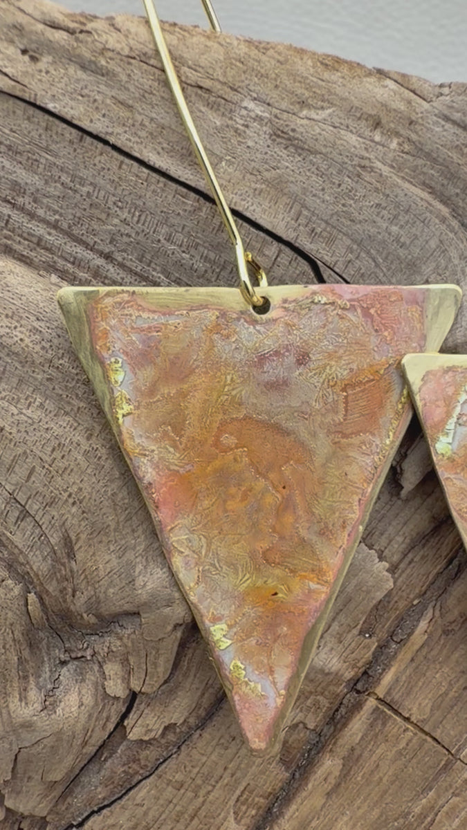 Geometric Coral Patina Triangle Earrings