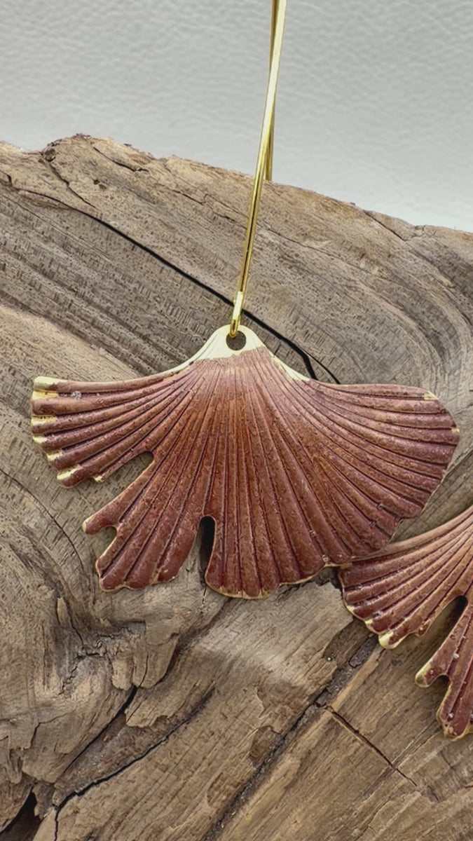 Burgundy Rust Patina Ginkgo Earrings