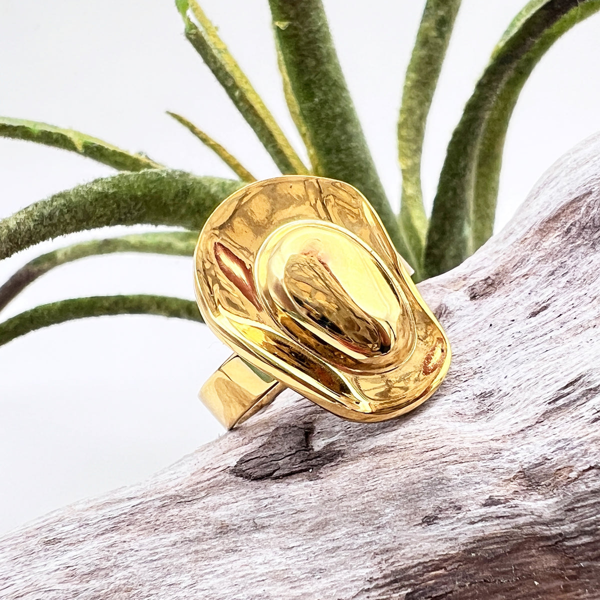 "Golden cowboy hat statement ring in solid steel – Rodeo Spirit Ring by Real To The Roots"
