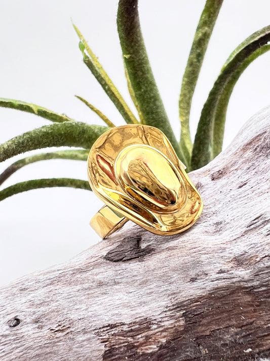 "Golden cowboy hat statement ring in solid steel – Rodeo Spirit Ring by Real To The Roots"
