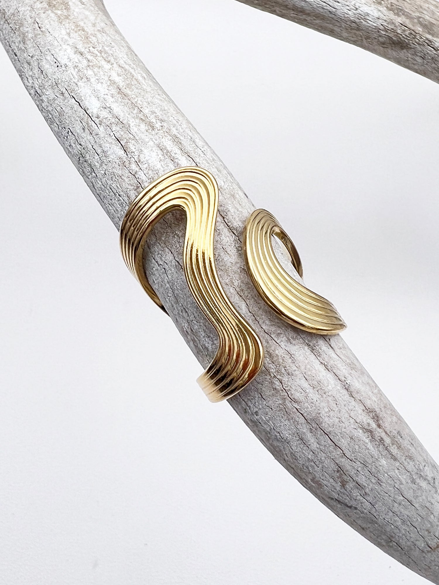 Gold ring on a deer antler with a white background