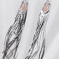 Long gemstone fringe earrings with silver tassels, featuring pink opal. Lightweight and shimmering.