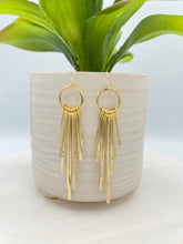 Load image into Gallery viewer, hammered brass fringes on a hoop earrings by real to the roots