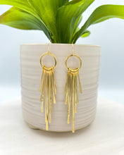 Load image into Gallery viewer, hammered brass fringes on a hoop earrings by real to the roots