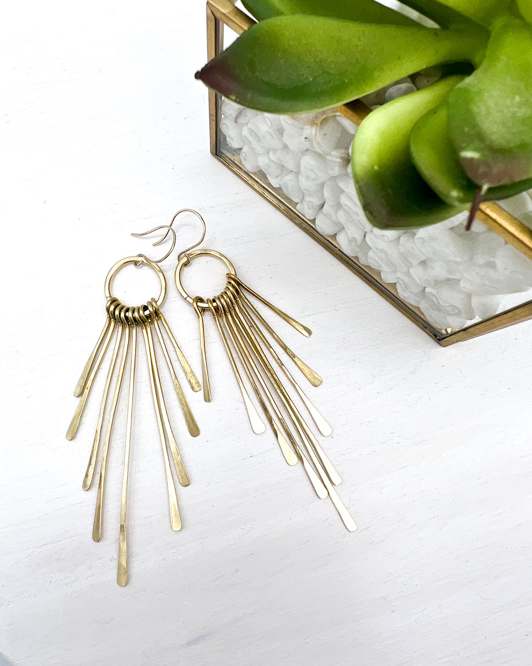 hammered brass fringes on a hoop earrings by real to the roots