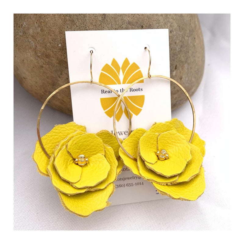 bright yellow leather flower earring on hoops