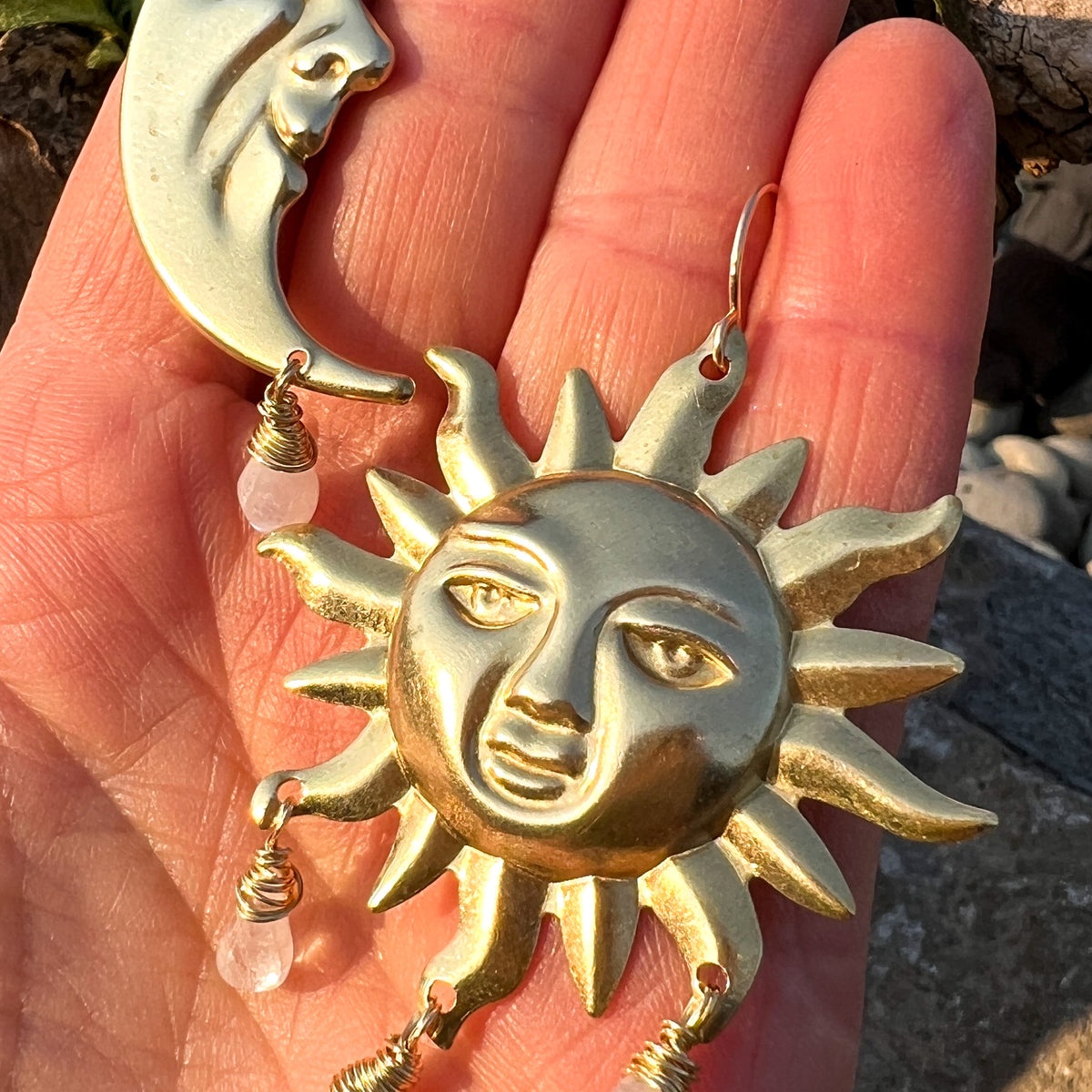 Sun and Moon earrings with moonstone droplets by Real to the Roots 