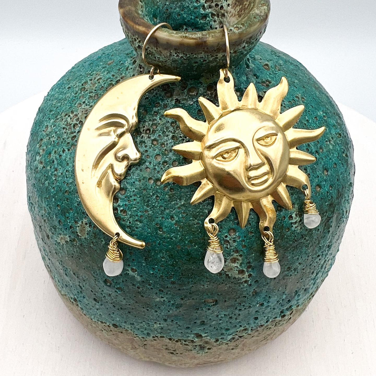 Sun and Moon earrings with moonstone droplets by Real to the Roots 