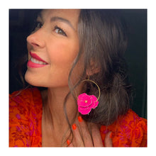 Load image into Gallery viewer, hot pink leather flower earrings on hoops pretty brunette lady