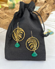 Load image into Gallery viewer, golden leaf hoop earring with green stone by real to the roots