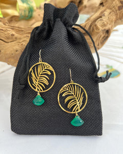 golden leaf hoop earring with green stone by real to the roots