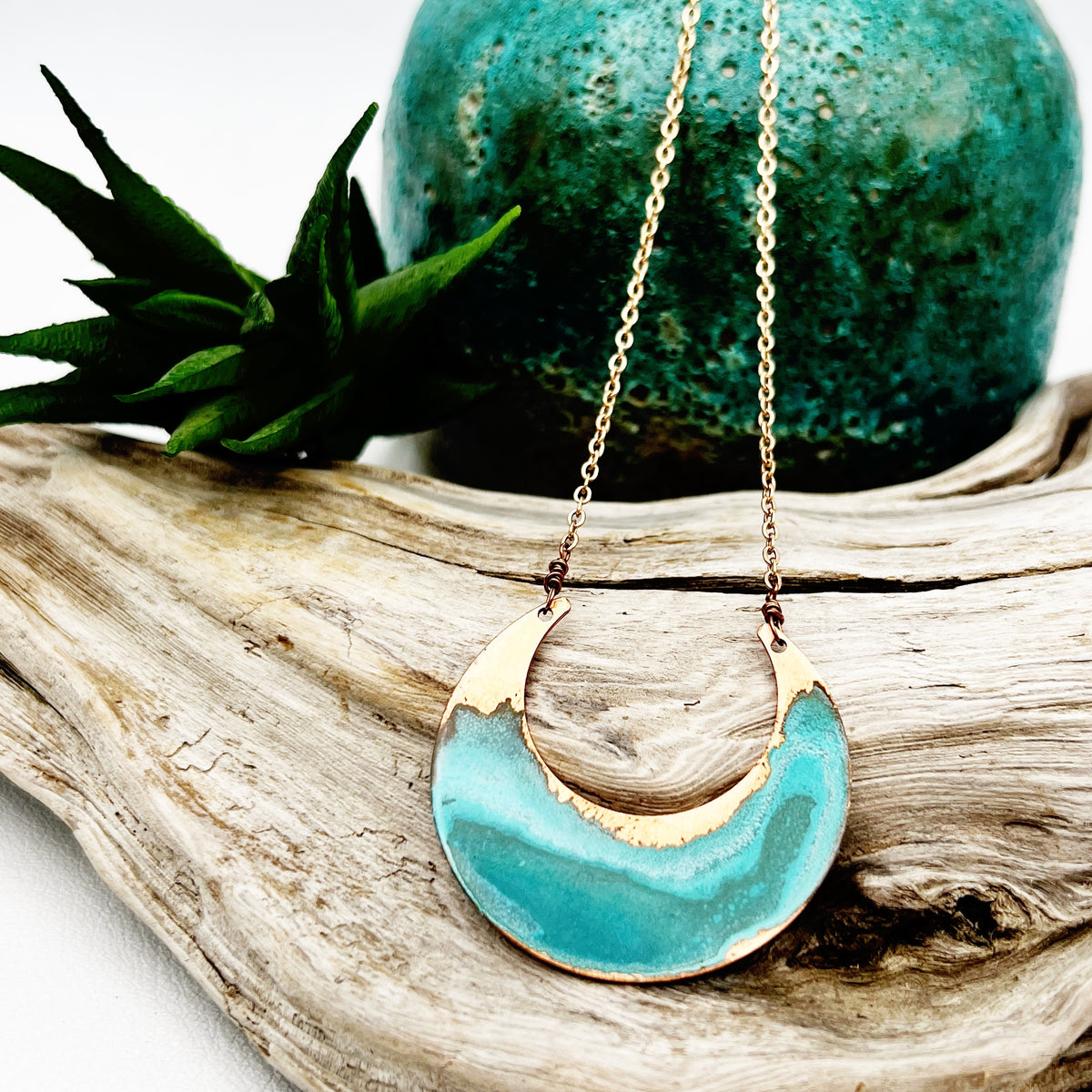 Copper Patina Moon Necklace
