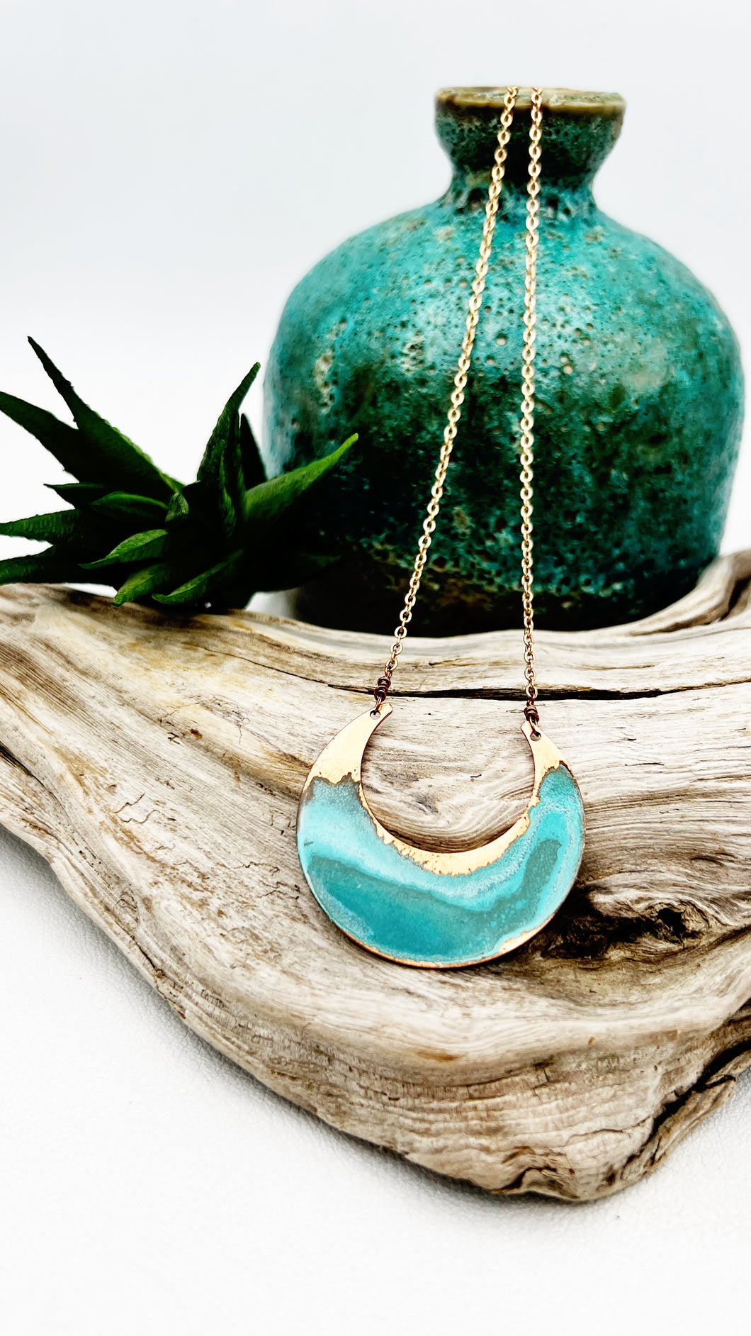 Copper Patina Moon Necklace