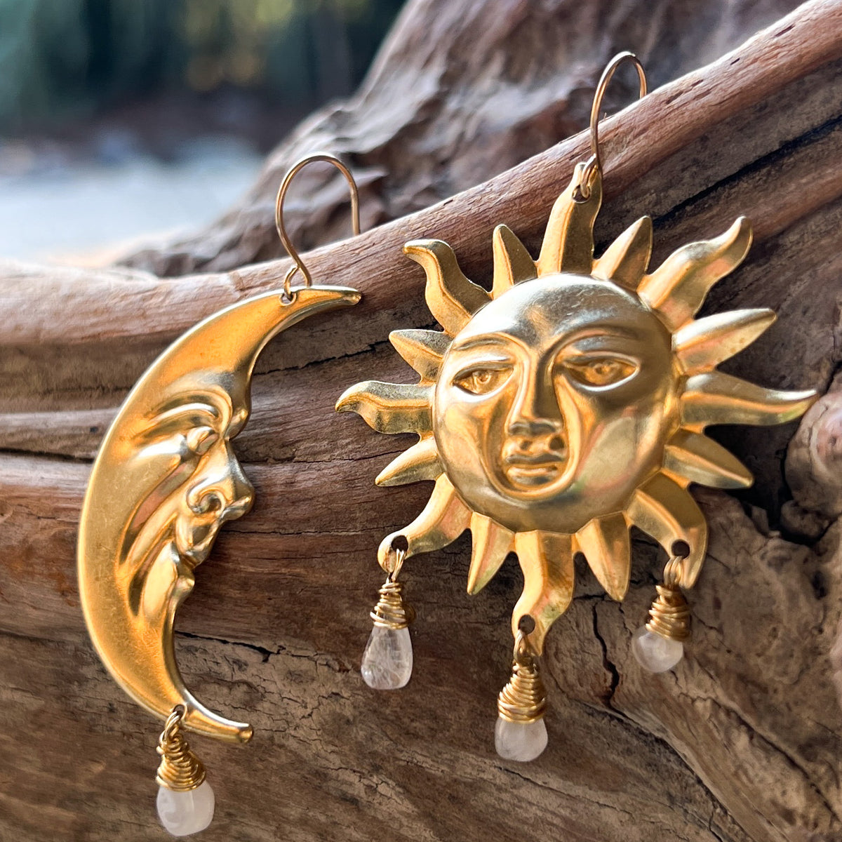 Sun and Moon earrings with moonstone droplets by Real to the Roots 