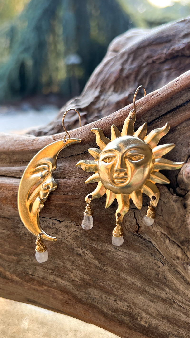Sun and Moon earrings with moonstone droplets by Real to the Roots 