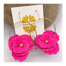 Load image into Gallery viewer, hot pink leather flower hoop earrings
